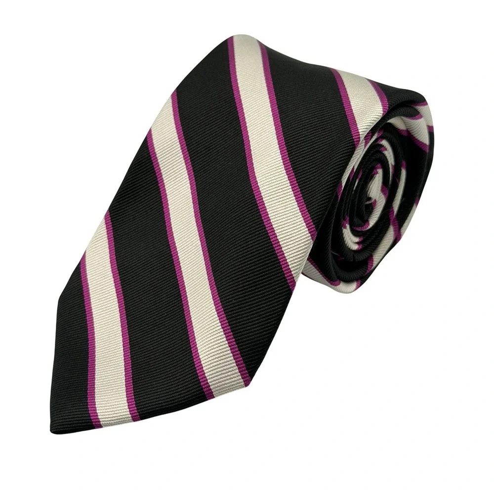 IZOD 100% Repp Silk Necktie Mens Black White Pink Diagonal Stripe 59